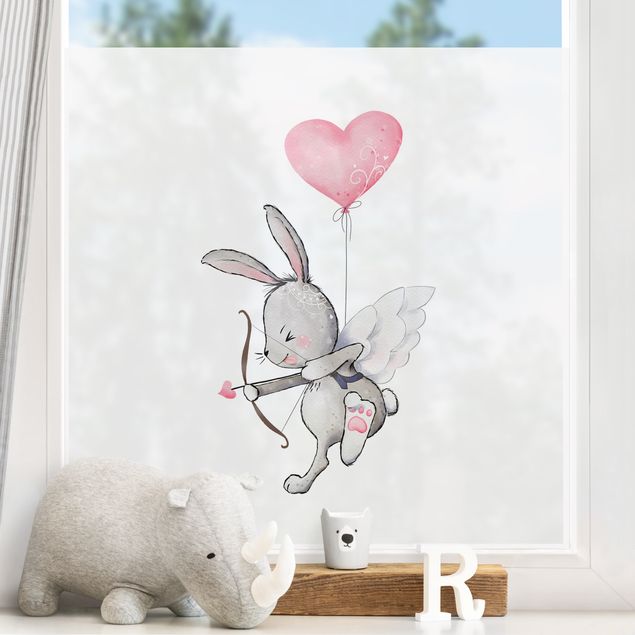 Fensterbilder Tiere Hase Amor am Herzluftballon