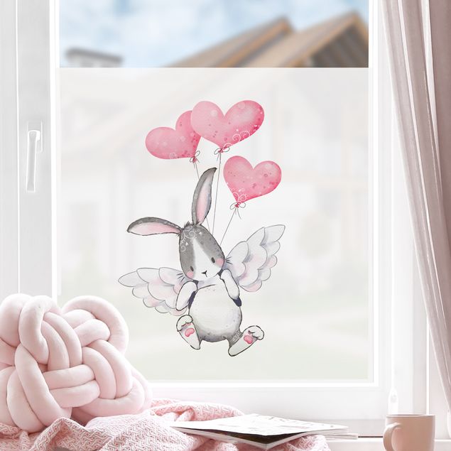 Fensterbilder Tiere Hase an Herzluftballons