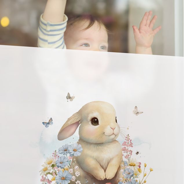 Fensterfolie - Sichtschutz - Hase auf Blumenwiese - Fensterbilder
