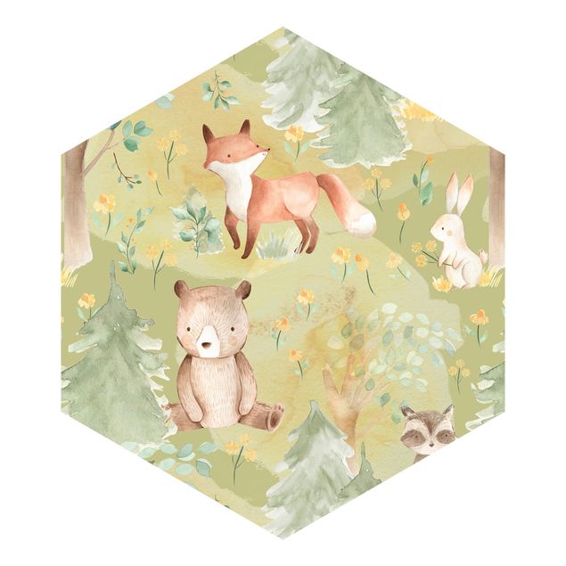 Hexagon Mustertapete selbstklebend - Hase und Fuchs auf Grüner Wiese