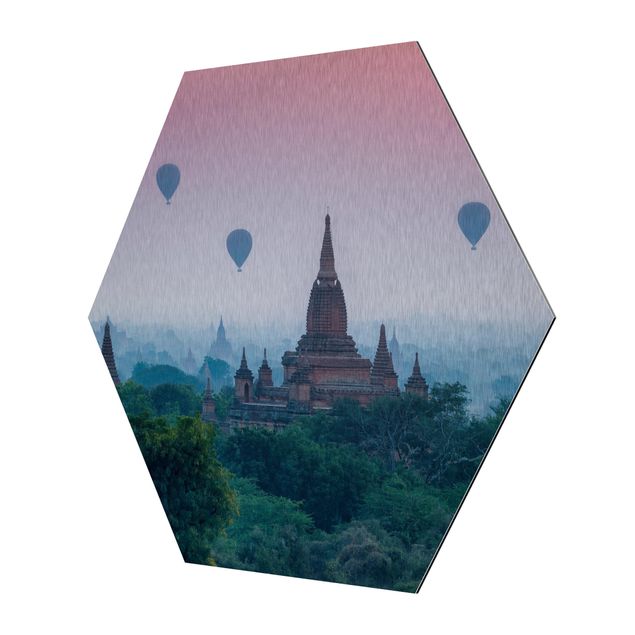 Hexagon Bild Alu-Dibond - Heißluftballons über Tempelanlage