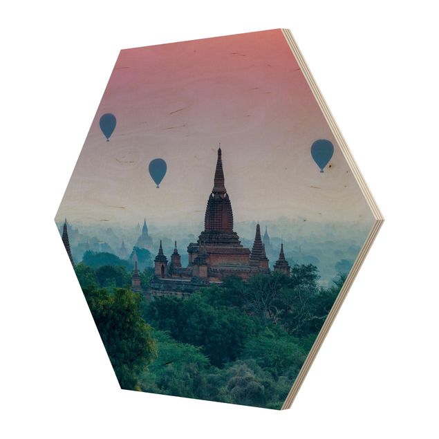 Hexagon Bild Holz - Heißluftballons über Tempelanlage