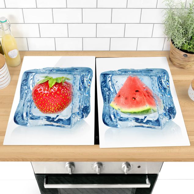 Herdabdeckplatten Gemüse & Obst Erdbeere und Melone im Eiswürfel