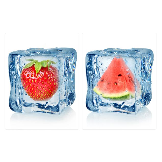 Herdabdeckplatte Glas - Erdbeere und Melone im Eiswürfel