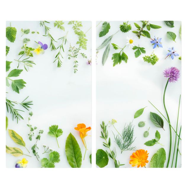 Herdabdeckplatte Glas - Kräuter und Blüten