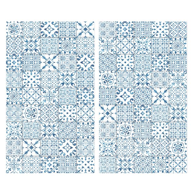 Herdabdeckplatte Glas - Musterfliesen Blau Weiß