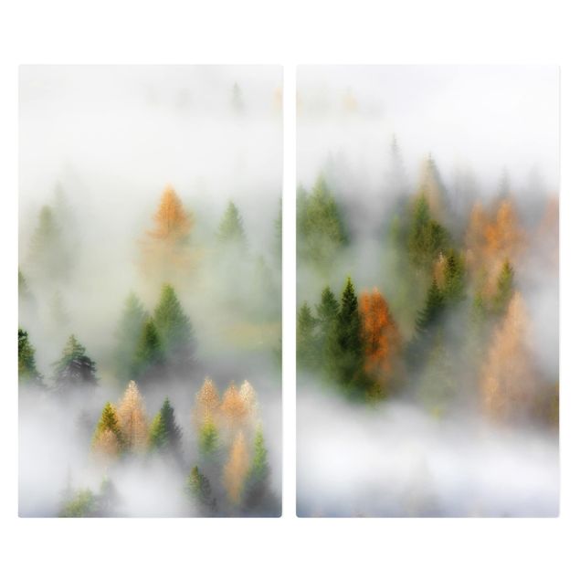 Herdabdeckplatte Glas - Nebelwald im Herbst - 52x60cm