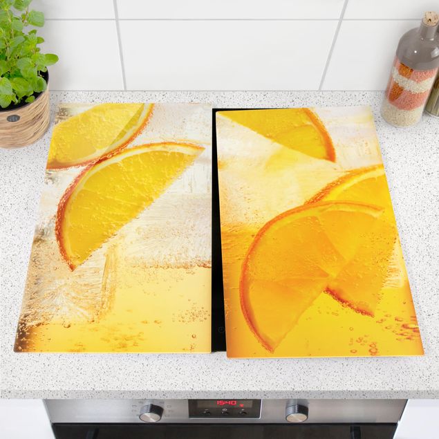 Herdabdeckplatte Glas - Orange auf Eis