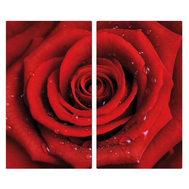 Herdabdeckplatte Glas - Rote Rose mit Wassertropfen