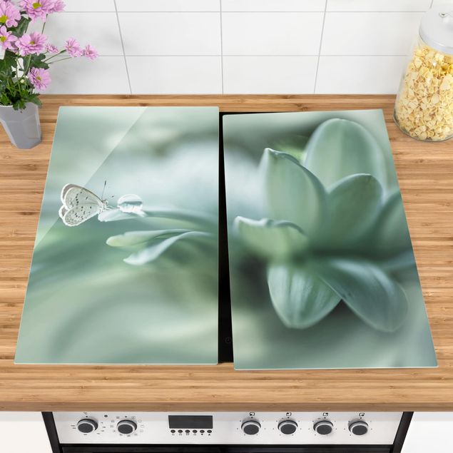 Herdabdeckplatte Glas - Schmetterling und Tautropfen in Pastellgrün - 52x60cm