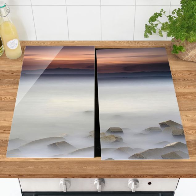 Herdabdeckplatte Glas - Sonnenuntergang im Nebel - 52x60cm