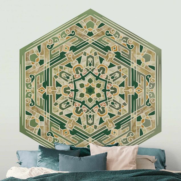 Hexagon Mustertapete selbstklebend - Hexagonales Mandala in Grün mit Gold