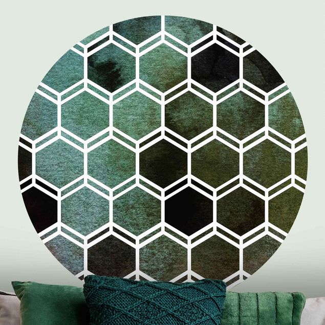 Tapete geometrisch Hexagonträume Aquarell in Grün