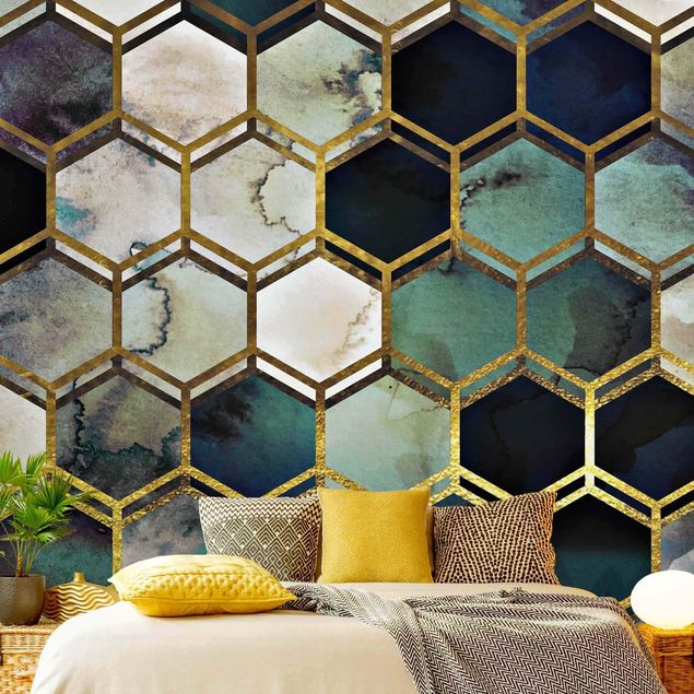 geometrische Tapete Hexagonträume Aquarell mit Gold