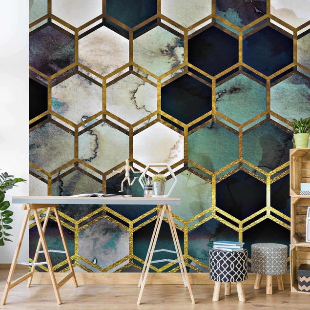 Muster Tapete Hexagonträume Aquarell mit Gold