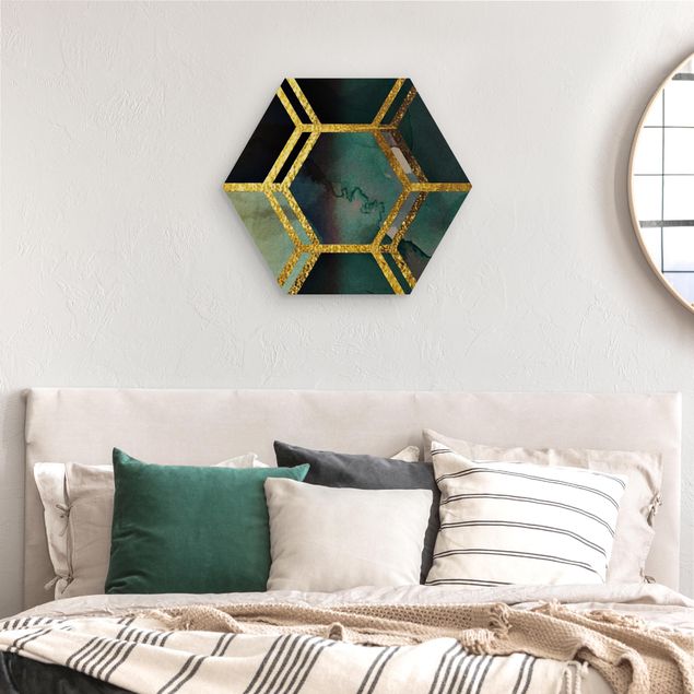 Wandbilder Hexagonträume Aquarell mit Gold