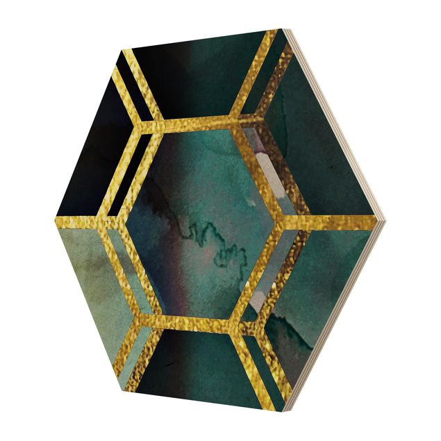Hexagon Bild Holz - Hexagonträume Aquarell mit Gold