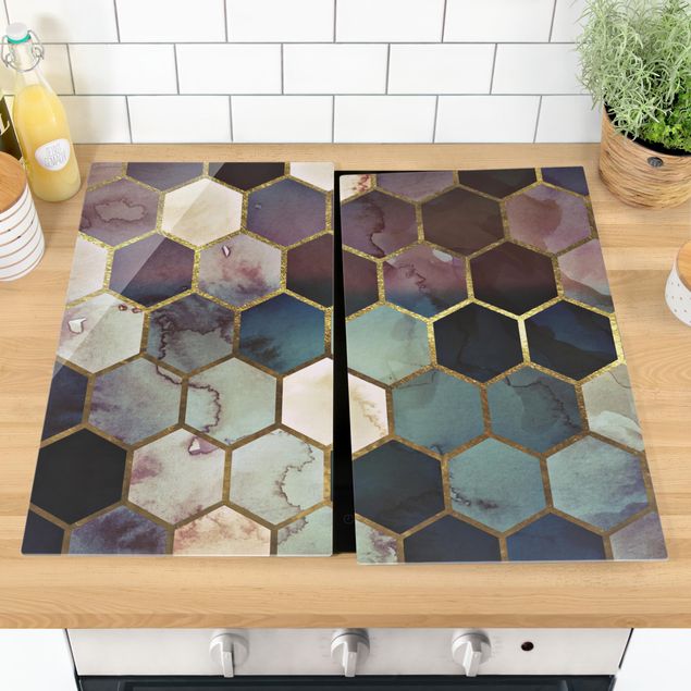 Herdabdeckplatte Glas - Hexagonträume Aquarell Muster