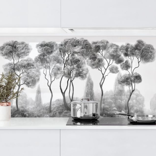 Platte Küchenrückwand Hohe Bäume schwarz-weiß