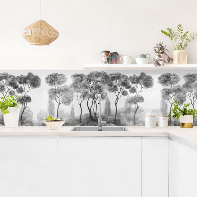 Küchenspiegel Hohe Bäume schwarz-weiß