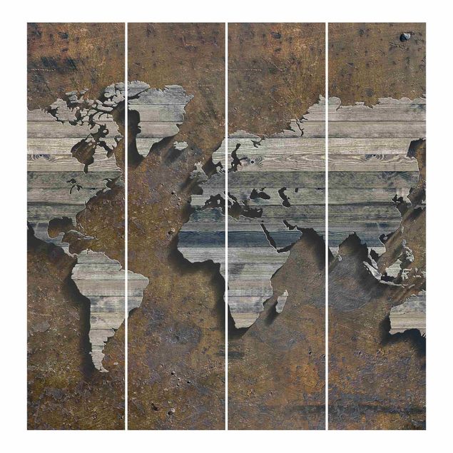 Flächenvorhang Holz Rost Weltkarte