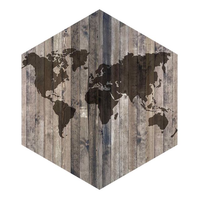 Hexagon Fototapete selbstklebend - Holz Weltkarte