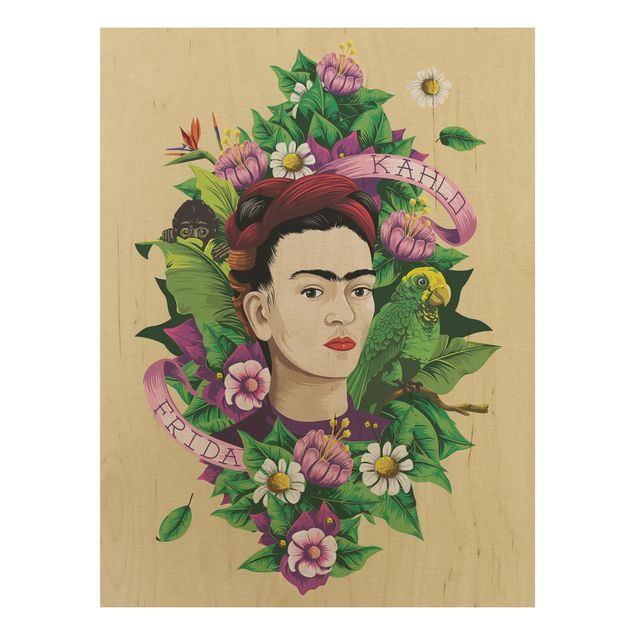 Holzbilder Sprüche Frida Kahlo - Frida, Äffchen und Papagei