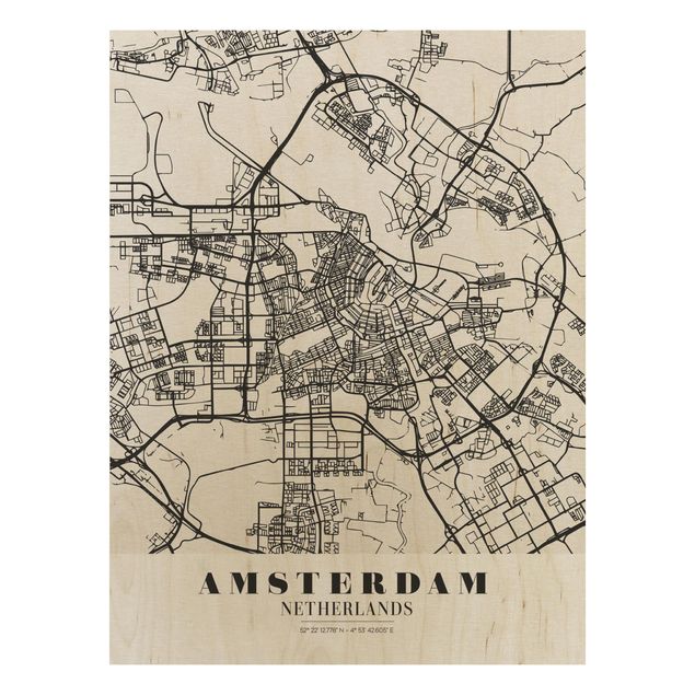 Holzbild Weltkarte Stadtplan Amsterdam - Klassik
