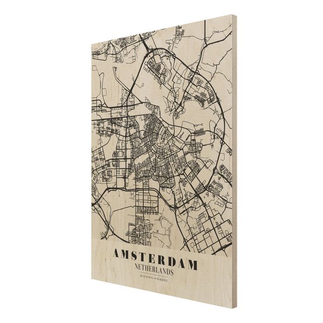 Bilder auf Holz Stadtplan Amsterdam - Klassik