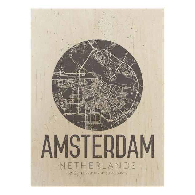 Wandbild Weltkarte Holz Stadtplan Amsterdam - Retro