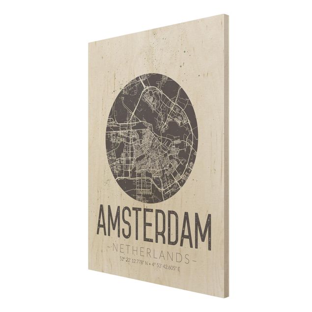 Wandbild Holz Stadtplan Amsterdam - Retro