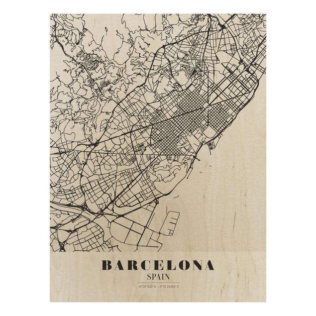 Holzbild -Stadtplan Barcelona - Klassik- Hochformat 3:4