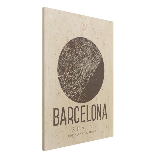 Holzbilder mit Sprüchen Stadtplan Barcelona - Retro