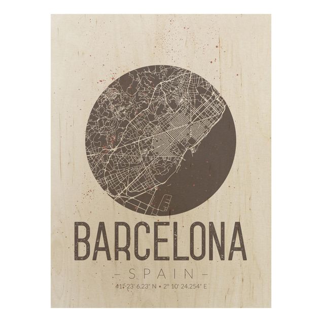 Holzbild Weltkarte Stadtplan Barcelona - Retro