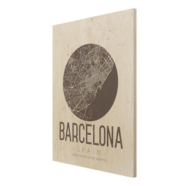 Bilder auf Holz Stadtplan Barcelona - Retro