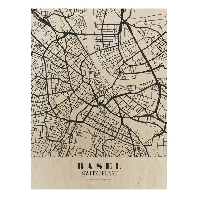Weltkarte Bild Holz Stadtplan Basel - Klassik