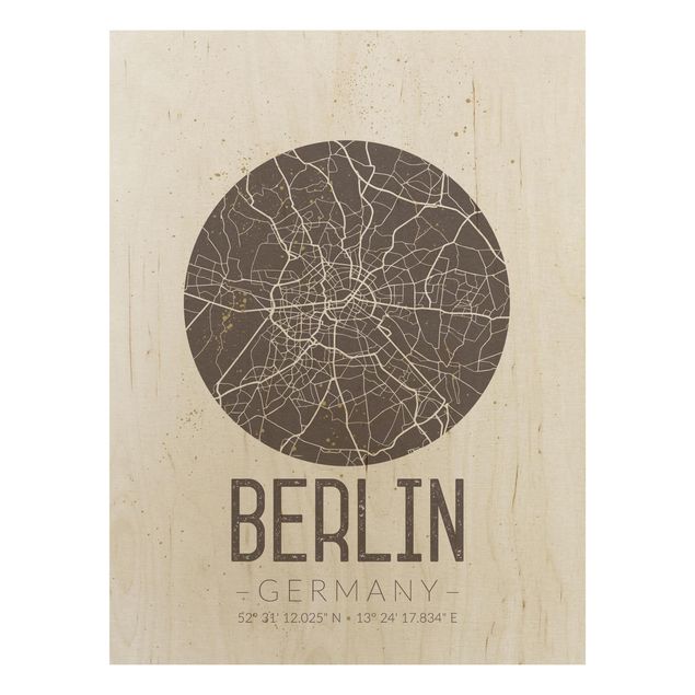 Holzbilder Syklines Stadtplan Berlin - Retro
