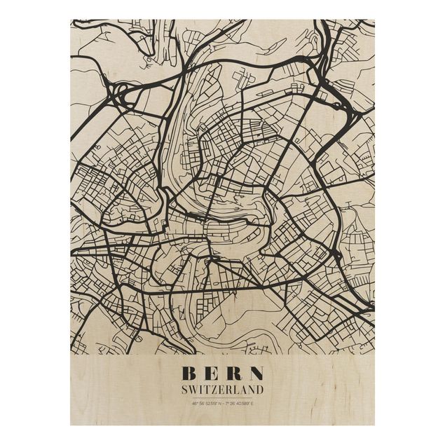 Wandbild Weltkarte Holz Stadtplan Bern - Klassik
