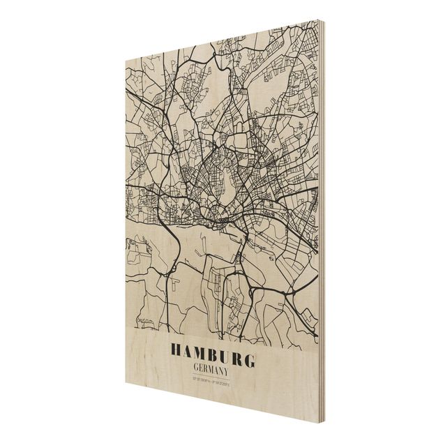 Holzbild Weltkarte Stadtplan Hamburg - Klassik