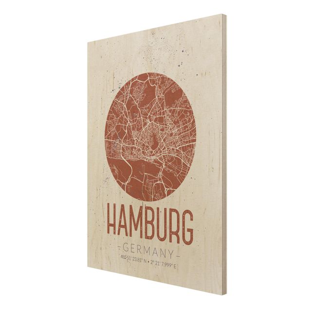 Wandbild Weltkarte Holz Stadtplan Hamburg - Retro
