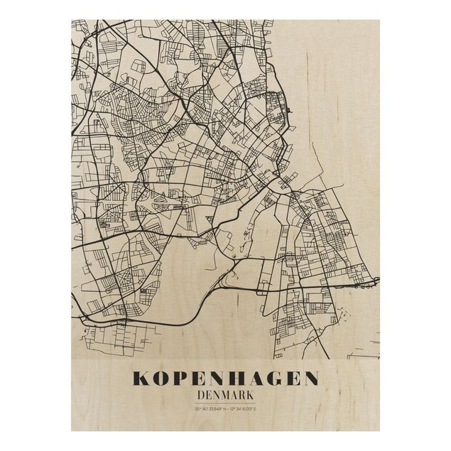 Weltkarte Bild Holz Stadtplan Kopenhagen - Klassik