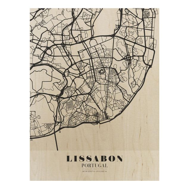 Wandbild Weltkarte Holz Stadtplan Lissabon - Klassik