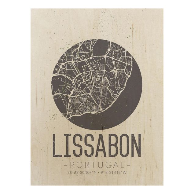 Weltkarte Bild Holz Stadtplan Lissabon - Retro