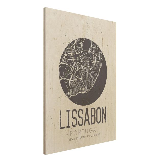 Holzbild mit Spruch Stadtplan Lissabon - Retro