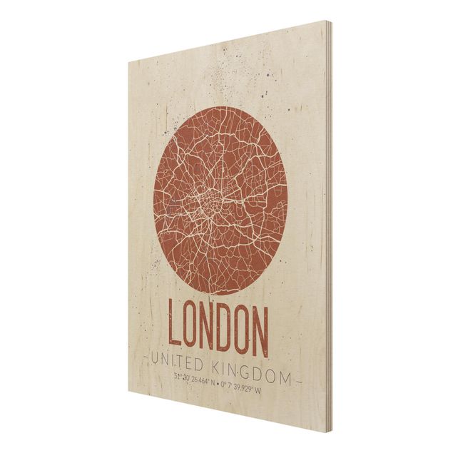 Wandbild Weltkarte Holz Stadtplan London - Retro