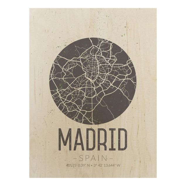 Weltkarte Bild Holz Stadtplan Madrid - Retro