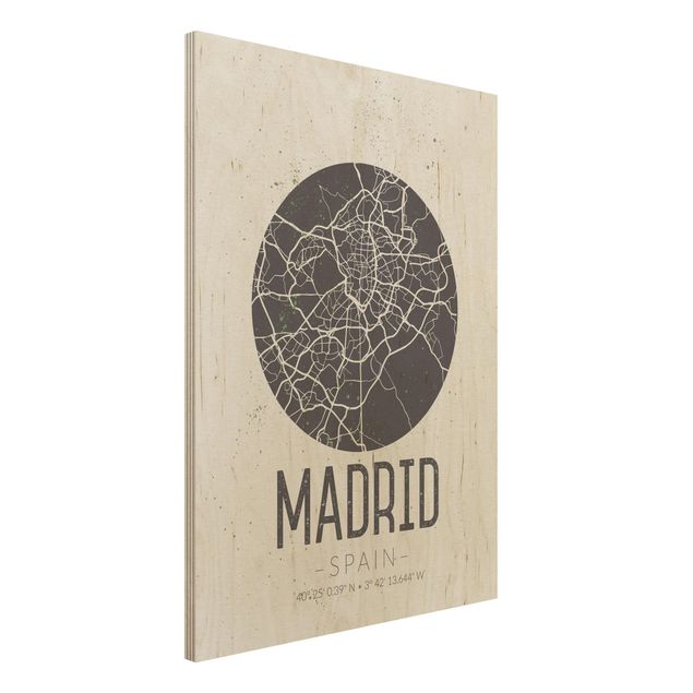 Holzbild mit Spruch Stadtplan Madrid - Retro