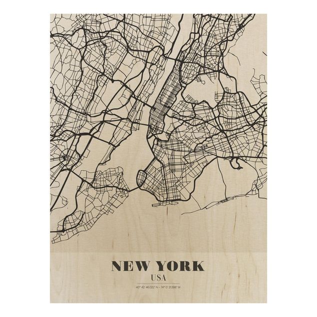 Holzbilder Syklines Stadtplan New York - Klassik