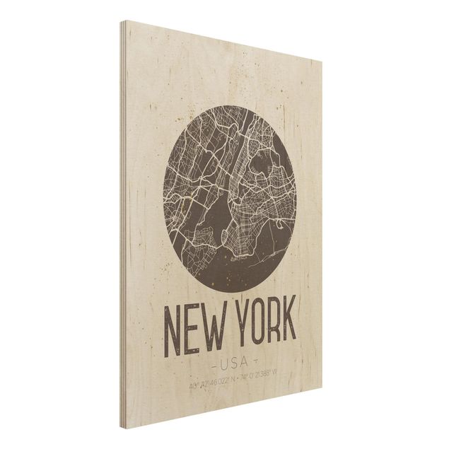 Holzbild mit Spruch Stadtplan New York - Retro