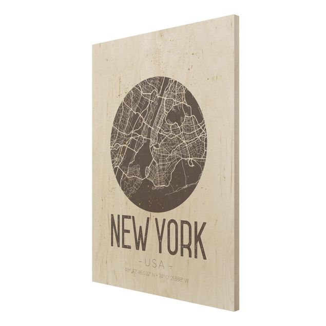 Weltkarte Bild Holz Stadtplan New York - Retro